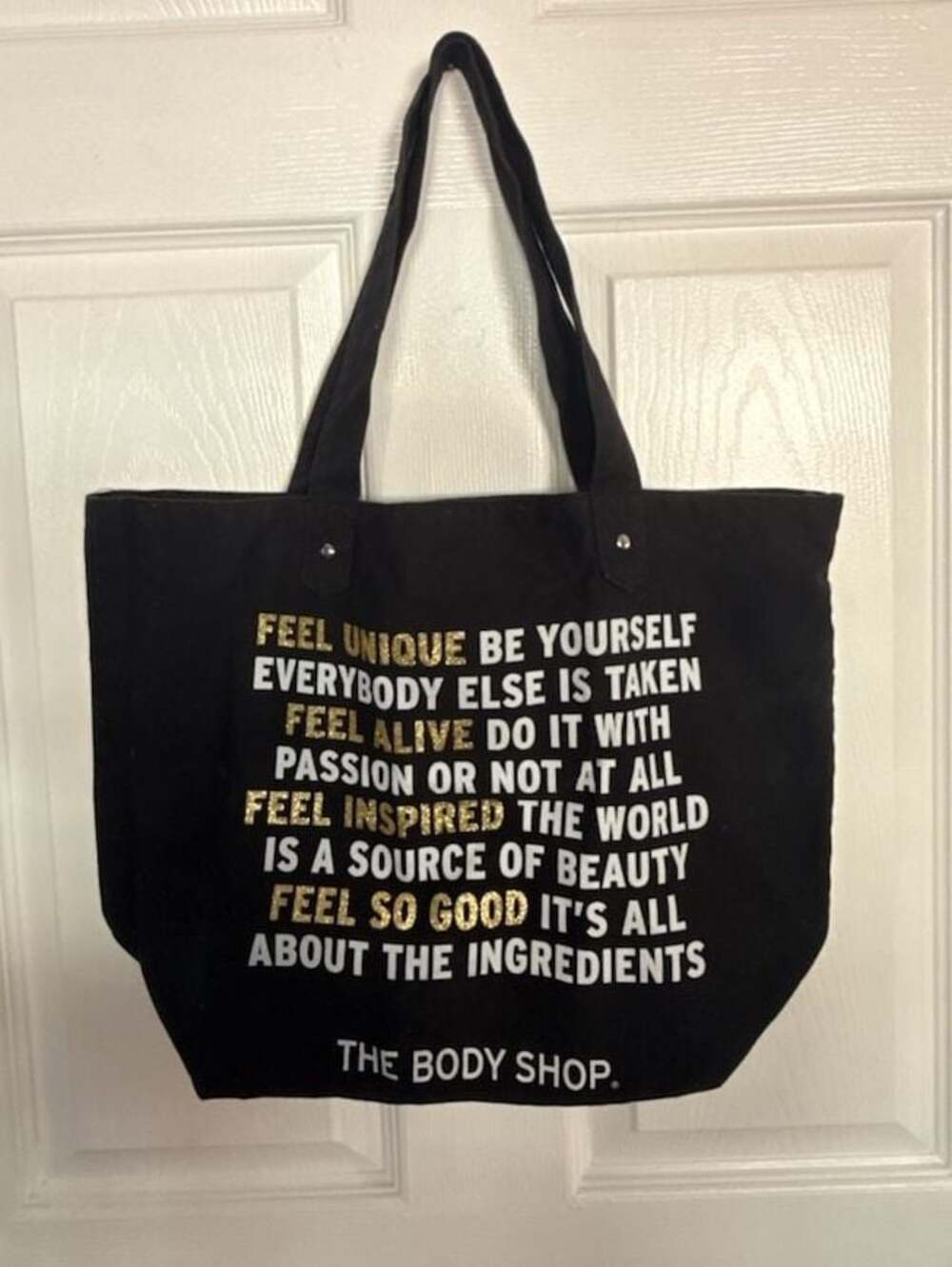 The Body Shop Black Canvas Tote Bag With Inspirational Quote